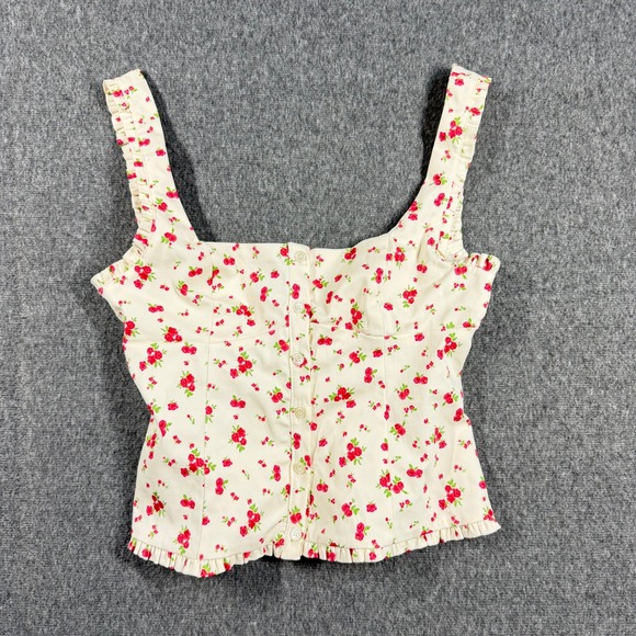 Zara Tops - Zara Women Ivory Red Floral Button Front Ruffle Trim Square Neck Top Medium